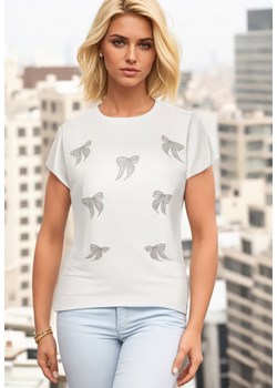 Biały T-shirt z Bawełny z Kokardkami Ozdobionymi Cyrkoniami Rissamore ze sklepu Born2be Odzież w kategorii Bluzki damskie - zdjęcie 173370903