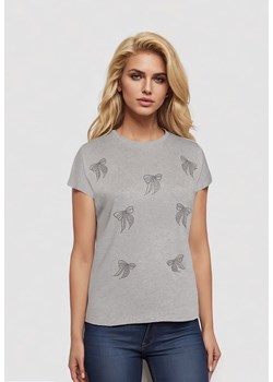 Szary T-shirt z Bawełny z Kokardkami Ozdobionymi Cyrkoniami Rissamore ze sklepu Born2be Odzież w kategorii Bluzki damskie - zdjęcie 173370910