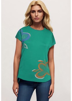Zielony Klasyczny T-shirt z Bawełny Ozdobiony Nadrukiem i Cyrkoniami Kristinae ze sklepu Born2be Odzież w kategorii Bluzki damskie - zdjęcie 173370931