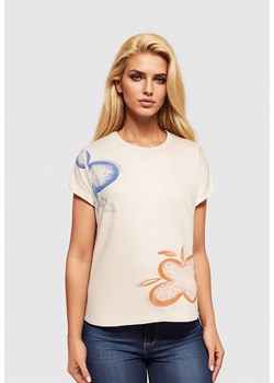 Beżowy Klasyczny T-shirt z Bawełny Ozdobiony Nadrukiem i Cyrkoniami Kristinae ze sklepu Born2be Odzież w kategorii Bluzki damskie - zdjęcie 173370934