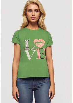 Zielony T-shirt z Krótkim Rękawem i Ozdobnym Nadrukiem Testolene ze sklepu Born2be Odzież w kategorii Bluzki damskie - zdjęcie 173370950