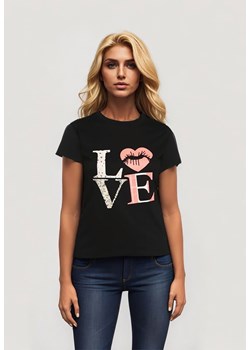 Czarny T-shirt z Krótkim Rękawem i Ozdobnym Nadrukiem Testolene ze sklepu Born2be Odzież w kategorii Bluzki damskie - zdjęcie 173370953