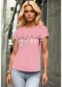 Różowy T-shirt z Napisem z Motywem Kawy Dimrrue ze sklepu Born2be Odzież w kategorii Bluzki damskie - zdjęcie 173370981