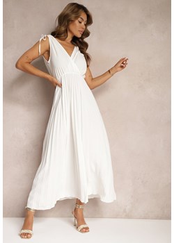 Biała Rozkloszowana Sukienka Plisowana z Wiskozą i Bawełną Wykończona Gumką w Talii Yefia ze sklepu Renee odzież w kategorii Sukienki - zdjęcie 173371750