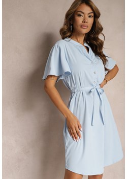 Niebieska Trapezowa Sukienka z Dekoltem Zapinanym na Guziki i Materiałowym Paskiem w Talii Vikiiraes ze sklepu Renee odzież w kategorii Sukienki - zdjęcie 173371773