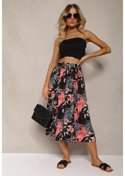 Czarno-Różowe Spodnie High Waist z Szerokimi Nogawkami z Gumką w Talii i Materiałowym Paskiem Berlefia ze sklepu Renee odzież w kategorii Spodnie damskie - zdjęcie 173373980