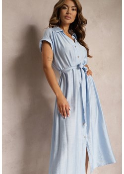 Niebieska Rozkloszowana Sukienka o Koszulowym Kroju Ozdobiona Paskiem w Talii i Guzikami Rosofia ze sklepu Renee odzież w kategorii Sukienki - zdjęcie 173374073