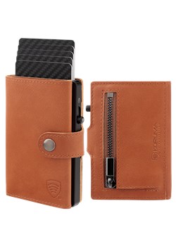Skórzany portfel męski z kieszenią na bilon oraz aluminiowym etui z wysuwanymi kartami (brązowy) ze sklepu Koruma ID Protection w kategorii Portfele męskie - zdjęcie 173375184