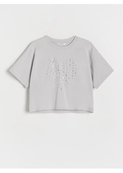 Reserved - Bawełniany t-shirt z aplikacją - jasnoszary ze sklepu Reserved w kategorii Bluzki dziewczęce - zdjęcie 173381130