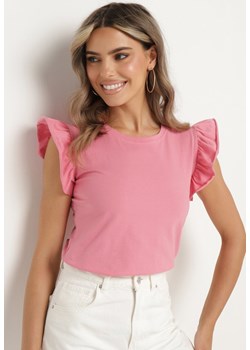 Różowa Bluzka z Bawełny Ozdobiona Falbankami przy Rękawach Krisana ze sklepu Born2be Odzież w kategorii Bluzki damskie - zdjęcie 173382380