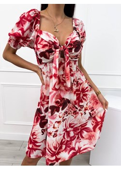 Kremowo-Czerwona Sukienka z Motywem Kwiatowym ze sklepu ModnaKiecka.pl w kategorii Sukienki - zdjęcie 173382930