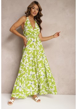 Zielona Sukienka z Kopertowym Dekoltem i Gumką w Talii Wiązana na Szyi Vikillaia ze sklepu Renee odzież w kategorii Sukienki - zdjęcie 173390324