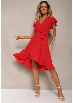Czerwona Sukienka z Asymetrycznym Tyłem z Kopertowym Dekoltem Ozdobiona Paskiem w Talii Toridia ze sklepu Renee odzież w kategorii Sukienki - zdjęcie 173390334