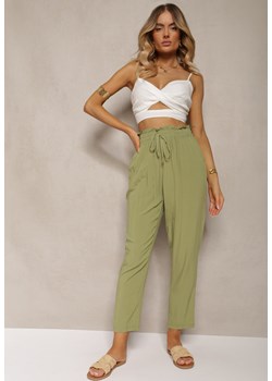 Zielone Spodnie z Bawełny Typu Paper Bag High Waist z Gumką w Talii Kitanea ze sklepu Renee odzież w kategorii Spodnie damskie - zdjęcie 173390502