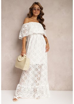 Biała Ażurowa Sukienka z Bawełny z Dekoltem Hiszpanką Wykończona Gumką w Talii Helavia ze sklepu Renee odzież w kategorii Sukienki - zdjęcie 173390594