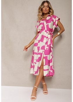 Fuksjowa Sukienka o Koszulowym Kroju z Materiałowym Paskiem w Talii w Kolorowy Print Hilefia ze sklepu Renee odzież w kategorii Sukienki - zdjęcie 173390614