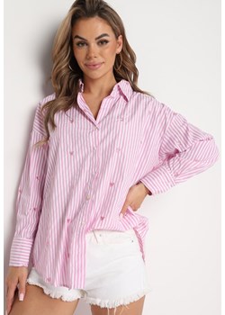 Różowa Koszula Bawełniana w Paski z Haftowanymi Serduszkami Sanileni ze sklepu Born2be Odzież w kategorii Koszule damskie - zdjęcie 173391212