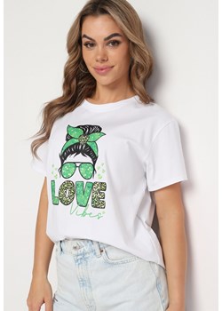 Biało-Zielony Bawełniany T-shirt z Nadrukiem z Przodu Sarilla ze sklepu Born2be Odzież w kategorii Bluzki damskie - zdjęcie 173391553
