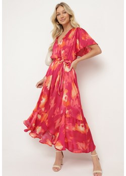 Fuksjowo-Pomarańczowa Sukienka z Kopertowym Dekoltem z Materiałowym Paskiem i Gumką w Talii Vikiama ze sklepu Born2be Odzież w kategorii Sukienki - zdjęcie 173391672