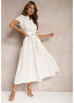 Biała Rozkloszowana Bawełniana Sukienka o Kroju Koszulowym Wiązana w Pasie Arosofia ze sklepu Renee odzież w kategorii Sukienki - zdjęcie 173393773