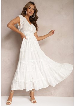 Biała Ażurowa Sukienka z Bawełny Wykończona Gumką w Talii i Guzikami przy Dekolcie Wenevia ze sklepu Renee odzież w kategorii Sukienki - zdjęcie 173393803