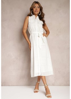 Biała Ażurowa Sukienka z Bawełny o Koszulowym Kroju z Materiałowym Paskiem Vikiisara ze sklepu Renee odzież w kategorii Sukienki - zdjęcie 173393843