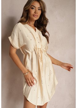 Beżowa Sukienka Pudełkowa z Troczkiem w Talii i Zdobiona Cyrkoniami Quilefia ze sklepu Renee odzież w kategorii Sukienki - zdjęcie 173404322