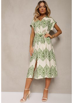 Zielono-Beżowa Sukienka Boho na Guziki z Wiskozą Ozdobiona Paskiem Mosofia ze sklepu Renee odzież w kategorii Sukienki - zdjęcie 173404332
