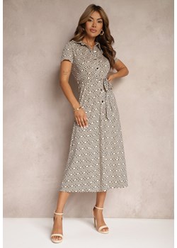 Beżowa Koszulowa Sukienka w Geometryczny Wzór Zapinana na Guziki Xarrah ze sklepu Renee odzież w kategorii Sukienki - zdjęcie 173404362