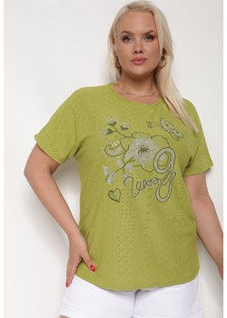 Jasnozielony Ażurowy T-shirt z Bawełną Ozdobiony Cyrkoniami Deviana ze sklepu Born2be Odzież w kategorii Bluzki damskie - zdjęcie 173413534