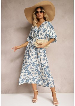 Niebieska Wiskozowa Sukienka Wiązana w Talii z Ozdobnymi Rękawami Nanea ze sklepu Renee odzież w kategorii Sukienki - zdjęcie 173420424