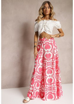 Różowe Szerokie Spodnie z Wiskozy High Waist z Gumką w Talii o Kwiatowym Wzorze Weranea ze sklepu Renee odzież w kategorii Spodnie damskie - zdjęcie 173420454