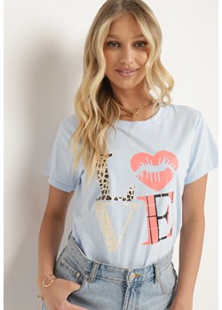 Jasnoniebieski T-shirt z Krótkim Rękawem i Ozdobnym Nadrukiem Testolene ze sklepu Born2be Odzież w kategorii Bluzki damskie - zdjęcie 173435200