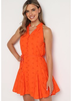 Pomarańczowa Rozkloszowana Sukienka bez Rękawów z Bawełny Ozdobiona Guzikami Hanea ze sklepu Born2be Odzież w kategorii Sukienki - zdjęcie 173444360