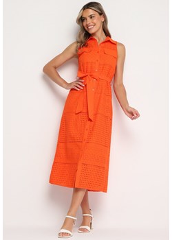 Pomarańczowa Bawełniana Sukienka Ażurowa o Koszulowym Kroju z Materiałowym Paskiem w Talii Vikiiana ze sklepu Born2be Odzież w kategorii Sukienki - zdjęcie 173444381