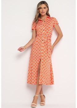 Pomarańczowa Sukienka o Koszulowym Kroju z Wiskozą Wiązana w Pasie Materiałowym Paskiem Bosofia ze sklepu Born2be Odzież w kategorii Sukienki - zdjęcie 173444430