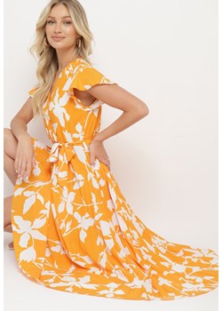 Pomarańczowa Kopertowa Plisowana Sukienka z Gumką i Paskiem w Talii Denevia ze sklepu Born2be Odzież w kategorii Sukienki - zdjęcie 173448252