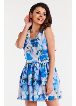 Sukienka mini z szyfonu niebiesko-biała A501, Kolor niebiesko-biały, Rozmiar L, Awama ze sklepu Primodo w kategorii Sukienki - zdjęcie 173453781