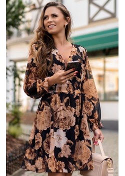 Sukienka mini w kwiaty Ermia, Kolor brązowy-wzór, Rozmiar S/M, Merribel ze sklepu Primodo w kategorii Sukienki - zdjęcie 173453952