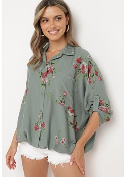 Ciemnozielona Koszula z Wiskozy ze Ściągaczami w Kwiaty Tineras ze sklepu Born2be Odzież w kategorii Koszule damskie - zdjęcie 173473841