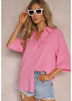 Różowa Koszula z Wiskozą i Lnem z Rękawami Długości 3/4 o Luźnym Kroju z Wycięciami Lirefia ze sklepu Renee odzież w kategorii Koszule damskie - zdjęcie 173474242