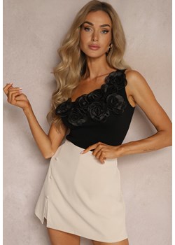 Czarna Asymetryczna Prążkowana Bluzka z Wiskozą oraz Kwiatami 3D Ferra ze sklepu Renee odzież w kategorii Bluzki damskie - zdjęcie 173474312