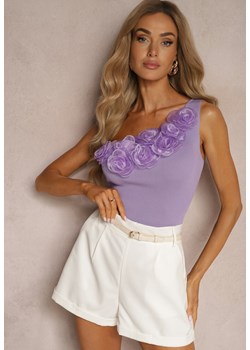 Fioletowa Asymetryczna Prążkowana Bluzka z Wiskozą oraz Kwiatami 3D Ferra ze sklepu Renee odzież w kategorii Bluzki damskie - zdjęcie 173474322