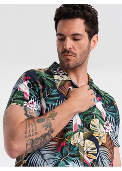 Wzorzysta męska koszula wiskozowa z krótkim rękawem – dżungla V10 OM-SHPS-0113 ze sklepu ombre w kategorii Koszule męskie - zdjęcie 173474574
