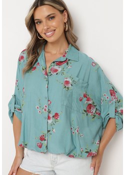 Niebieska Koszula z Wiskozy ze Ściągaczami w Kwiaty Tineras ze sklepu Born2be Odzież w kategorii Koszule damskie - zdjęcie 173476734