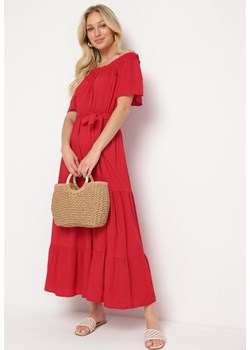 Czerwona Bawełniana Sukienka Hiszpanka z Wiskozą z Gumką i Materiałowym Paskiem w Talii Tiamanthe ze sklepu Born2be Odzież w kategorii Sukienki - zdjęcie 173498273