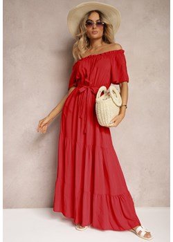 Czerwona Sukienka o Hiszpańskim Dekolcie z Bawełny i Wiskozy z Paskiem i Gumką w Talii Tiamalena ze sklepu Renee odzież w kategorii Sukienki - zdjęcie 173498323