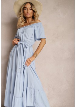 Jasnoniebieska Sukienka o Hiszpańskim Dekolcie z Bawełny i Wiskozy z Paskiem i Gumką w Talii Tiamalena ze sklepu Renee odzież w kategorii Sukienki - zdjęcie 173498333