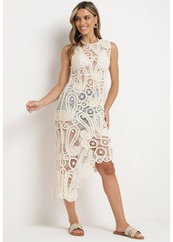 Jasnobeżowa Asymetryczna Bawełniana Sukienka z Koronki Kranea ze sklepu Born2be Odzież w kategorii Sukienki - zdjęcie 173503842