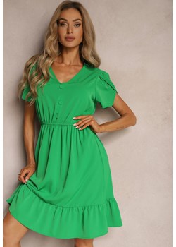 Zielona Sukienka z Gumką w Talii i Falbankami o Rozkloszowanym Fasonie Xelimia ze sklepu Renee odzież w kategorii Sukienki - zdjęcie 173507024